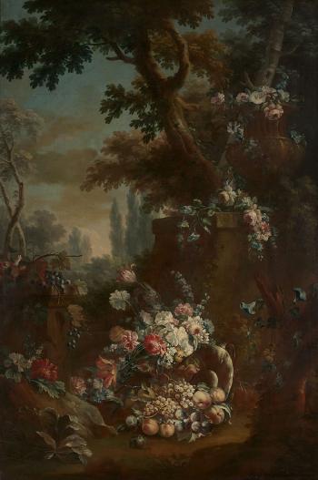 Vases De Fleurs Et Fruits Dans Un Jardin by 
																			Michele Antonio Rapous